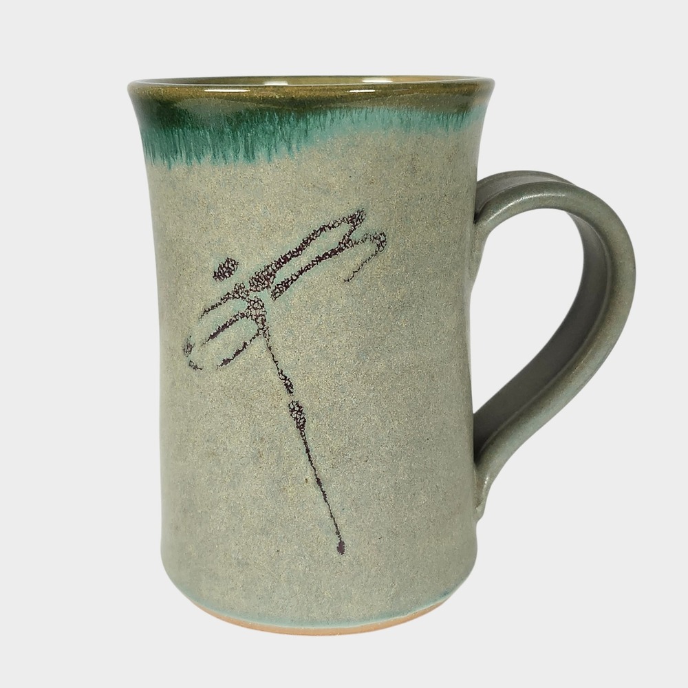 Frazier Pottery Stoneware Dragonfly Mug‎ Signed Sage Green Trim Glaze 5.25"